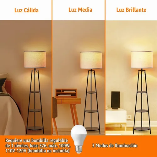 Vista 3 de Lámpara de pie, lámpara de pie con estante esquinero redondo de 3 niveles con 3 niveles regulables - Lámpara de pie simple con pantalla de tela