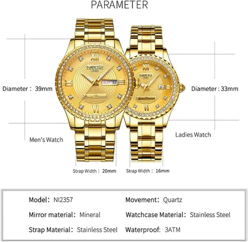 Vista 6 de NIBOSI Relojes para parejas, diamantes de lujo, para hombres y mujeres, para él y para ella, juego de relojes para marido, esposa, San Valentín