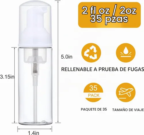 Vista 2 de Paquete de 35 botellas de espuma de 2 onzas, dispensador de jabón recargable, uso diario