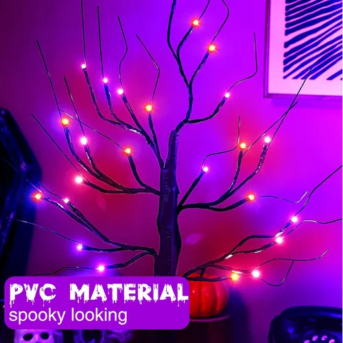 Vista 6 de Ganeen 2 piezas de decoración de Halloween para interiores de 24 pulgadas/2 pies iluminados naranja y morado árbol de abedules con 48 luces LED