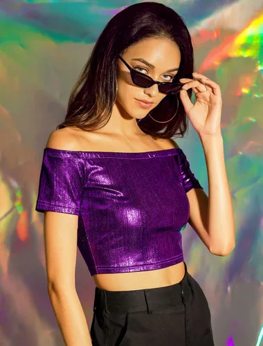 Vista 2 de Allegra K Top corto metálico brillante para mujer, con hombros descubiertos, para fiesta y club
