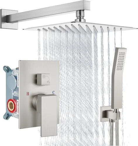 Vista 27 de Aolemi Sistema de ducha tipo lluvia de 12 pulgadas, cabezal de ducha cepillado Nikcel Combo Set con ducha de mano válvula de montaje en pared grifo