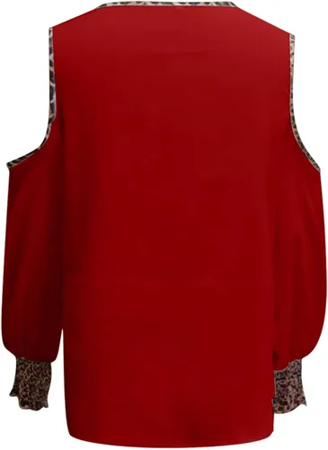 Vista 6 de Camisetas de verano para mujer, con hombros descubiertos, cuello en V, botones, ribete de leopardo, manga larga, blusas sueltas y sexys