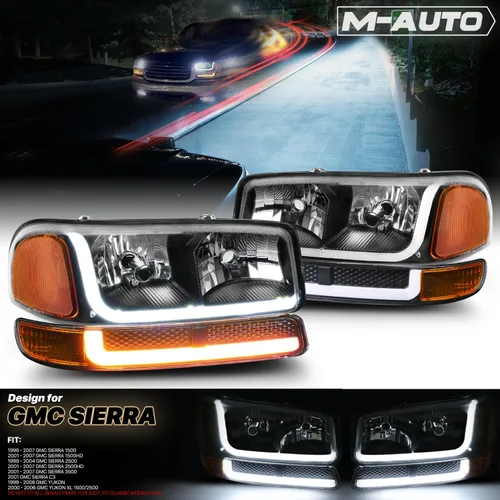 Vista 2 de M-AUTO Switchback - Tira de faros delanteros LED DRL de 4 piezas + lámparas de parachoques compatibles con GMC Sierra 1500 99-07, 99-04 2500, 01-07