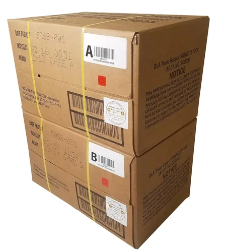 Vista 2 de MRE 2018, cajas de comida lista para comer MRE, conjunto de cajas A y B, 24 comidas con la fecha de inspección de 2018. Excedente de comida militar