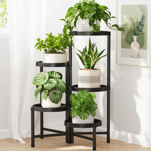 Vista 26 de LASZOLA Soporte plegable de 3 niveles para plantas de interior para múltiples macetas grandes, estante ajustable alto y resistente con estantería