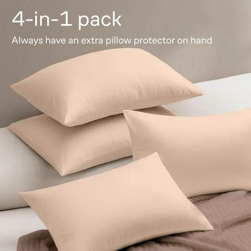 Vista 8 de Juego de 4 fundas de almohada ultrasuaves con cremallera tamaño Queen, 100% protección contra manchas, polvo y suciedad, lavables a máquina (beige)