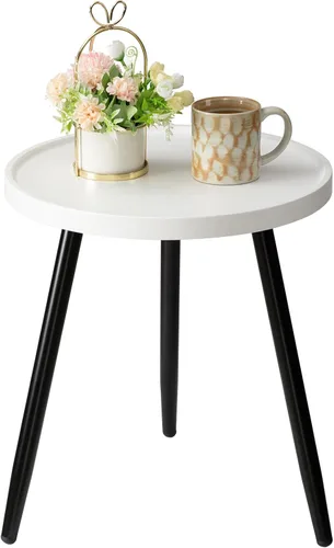 Vista 15 de Mesa auxiliar redonda negra, mesa decorativa con patas de metal con bandeja de madera, mesa auxiliar redonda pequeña para sala de estar, dormitorio