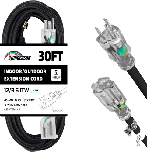 Vista 19 de Cable de Extensión HONDERSON con Extremo Iluminado, Certificado UL, Calibre 10, 1 Pie, Negro, 3 Puntas, Resistente, 10/3 SJTW, 15A, Cable de Energía