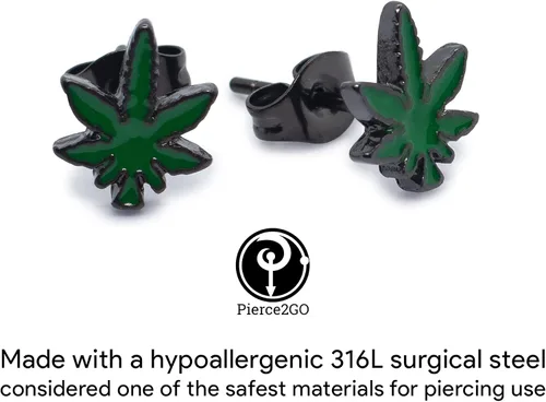 Vista 9 de Pierce2GO - Par de pendientes de 316L con colgante de hoja de marihuana