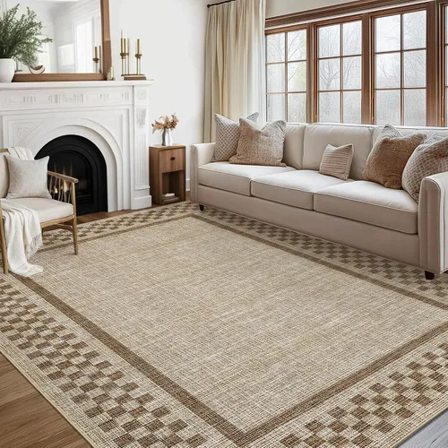 Vista 72 de GarveeHome Alfombra lavable de 5 x 7 pies para sala de estar, alfombra Beige festoneado