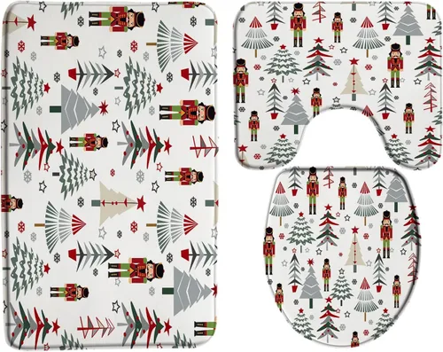 Vista 8 de GCTNBJL Juego de 3 alfombrillas de baño para árbol de Navidad, diseño de copo de nieve, rojo, gris, dibujos animados, invierno, vacaciones, baño