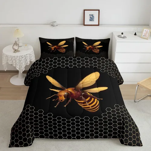 Vista 3 de Erosebridal Honey Bee - Juego de edredón tamaño individual, color negro y dorado, juego de edredón de animales lindos con diseño geométrico de panal