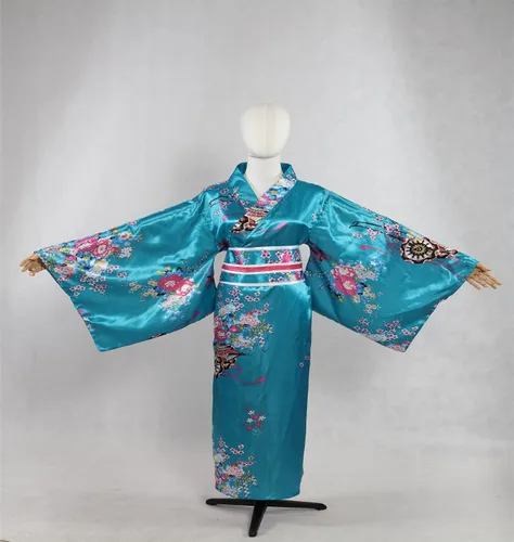 Vista 2 de Disfraz de kimono japonés para mujer, bata tradicional de geisha, bata de baño con estampado de anime, pijama de estilo largo (azul)