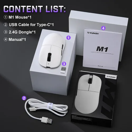 Vista 9 de YUNZII Ratón inalámbrico para juegos M1, Tri-Mode 2.4G/BT/mouse para juegos con cable, sensor PAW3311 10000 DPI recargable con 5 botones