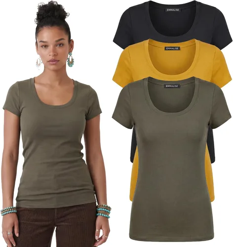 Vista 45 de Emmalise - Camiseta de manga corta para mujer, cuello redondo, estilo básico, pack de valor, tallas junior y grandes
