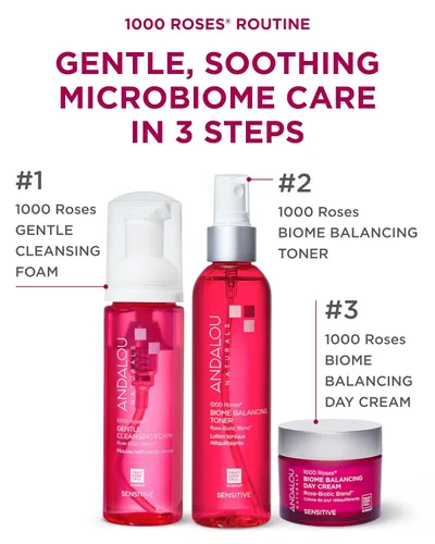 Vista 3 de Andalou Naturals 1000 Roses Skin Biome Crema de día equilibrante – Hidratante facial ligero con células madre de rosas alpinas, postbióticos