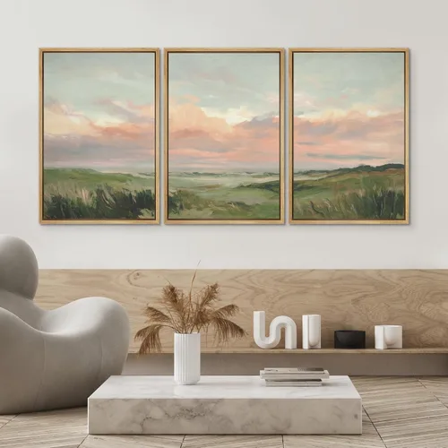 Vista 172 de SIGNWIN Lienzo enmarcado para pared, juego de arte pastel con cadena montañosa, bosque, niebla, naturaleza silvestre, ilustraciones modernas, arte