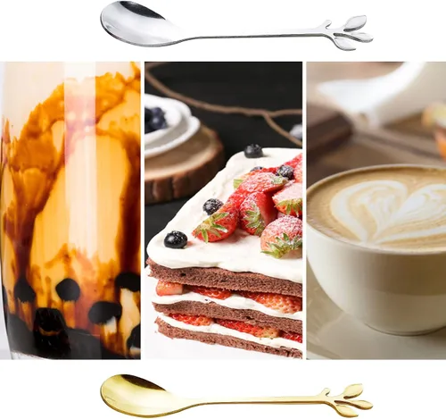 Vista 5 de 20 cucharas de café de hojas, cucharaditas de acero inoxidable dorado y plateado con mango de hojas para té helado, café, postre