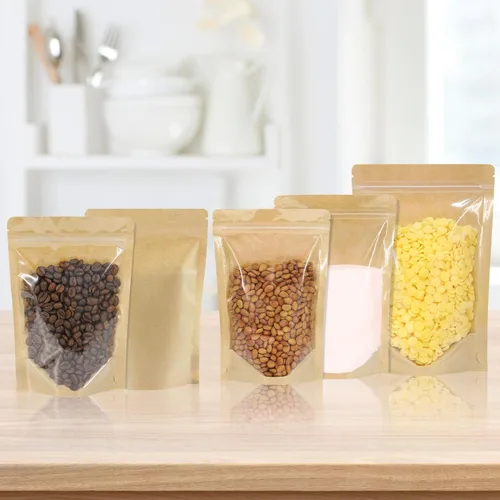 Vista 7 de 100 PCS bolsas resellables, bolsas de papel kraft de pie con ventana frontal transparente, bolsas de almacenamiento de alimentos con cierre