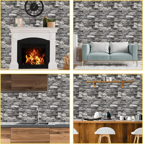 Vista 7 de uxcell Paneles de pared 3D para despegar y pegar, 30 piezas de papel tapiz de ladrillo de espuma para dormitorio, panel de pared de piedra