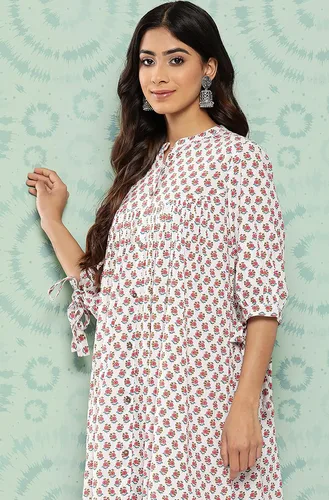 Vista 6 de Janasya Vestido de playa de algodón blanco para mujer, estilo casual, estampado floral, cuello mandarín, bohemio, manga atada, para playa