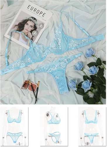 Vista 4 de KaeiShi Conjuntos de brasier sexy y bragas conjunto de lencería bordada de dos piezas con aros