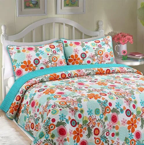 Vista 9 de Cozy Line Home Fashions Juego de ropa de cama reversible de 100 % algodón con volantes, color rosa y verde (flamenco, individual, 2 piezas)