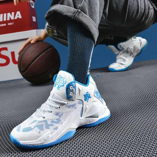 Vista 2 de VAXAV Women's Men's High Top Basketball Shoes Blanco Azul