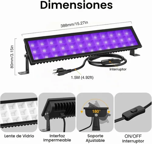 Vista 5 de Onforu Paquete de 2 barras de luz negra, luz negra LED con enchufe e interruptor, impermeable IP66 para fiesta brillante, dormitorio, Halloween