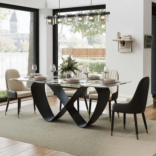 Vista 3 de POVISON Hobart - Mesa de comedor moderna de 71 pulgadas para 6, mesa de comedor negra de piedra sinterizada con pedestal de acero al carbono
