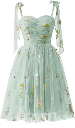 Vista 7 de Fivsole Vestido corto con bordado de flores para adolescentes, vestido de tul con tirantes delgados, mini formal, cóctel, fiesta de noche, vestidos