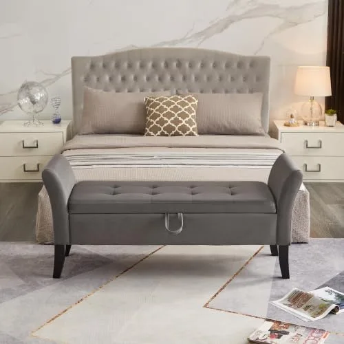 Vista 4 de 51.5" Velvet Storage Ottoman Bench with Curved Arms, Rectangular End of Bed Chest for Bedroom & Living Room Grey