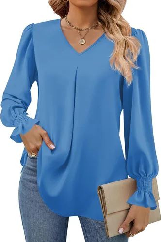 Vista 28 de Funlingo Blusas de mujer con mangas largas 2025, elegantes y casuales, con cuello en V, túnica suelta de gasa para el trabajo