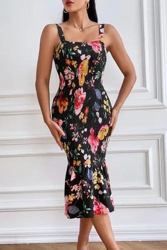 Vista 5 de PRETTYGARDEN - Vestido veraniego floral para mujer, por debajo de la rodilla, ajustado, sin mangas, con tirantes delgados y dobladillo con volados