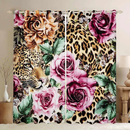 Vista 42 de Feelyou Cortinas opacas con estampado de leopardo para dormitorio, sala de estar, safari, cortinas de oscurecimiento de habitación con purpurina