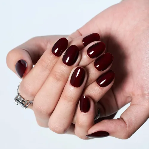 Vista 5 de GLAMERMAID Uñas postizas cortas ovaladas, góticas, hechas a mano, color burdeos gótico, pegamento de gel para otoño, 24 unidades, brillantes