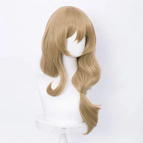 Vista 4 de LABEAUTÉ Peluca Lisa de color marrón anime, peluca rizada y ondulada con flequillo para fiesta de Halloween + gorra gratis
