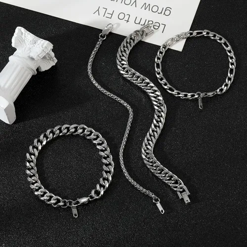 Vista 7 de Pulsera de plata para hombre, pulsera de eslabones cubanos de acero inoxidable, cuerda resistente, juego de pulseras de cadena cubana Figaro