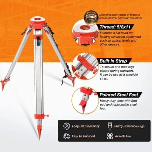 Vista 2 de Trípode de topografía, trípode de levantamiento de aluminio con abrazadera rápida de cabeza plana de 11 roscas de 5/8 pulgadas para estación total
