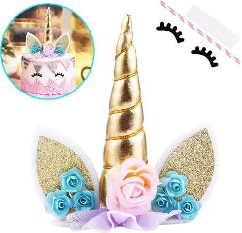 Vista 10 de Decoración de pastel de unicornio para niñas, decoración de cumpleaños de cuerno de unicornio dorado con pestañas, 5.8 pulgadas