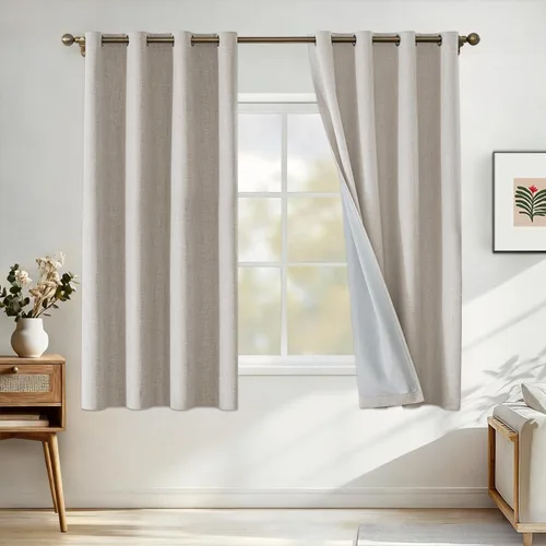 Vista 102 de Cortinas 100% opacas para dormitorio, cortinas opacas de 63 pulgadas de largo, cortinas opacas de lino para sala de estar, cortinas con ojales