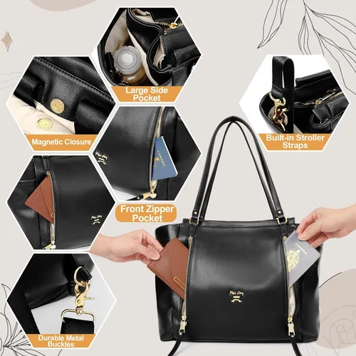 Vista 4 de miss fong Bolsa de pañales de cuero para pañales, bolsa de pañales de gran capacidad, bolsa de hospital, bolsa de pañales para bebé con cambiador