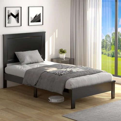 Vista 3 de KOMFOTT Armazón de Cama de Plataforma de Madera Tamaño Twin con Cabecero, Cama de Plataforma de Madera de Mediados del Siglo con Soporte de Listones