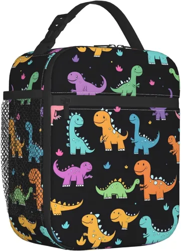 Vista 7 de Almuerzo reutilizable colorido de dinosaurios de dibujos animados para mujeres, lonchera con aislamiento térmico con bolsillo