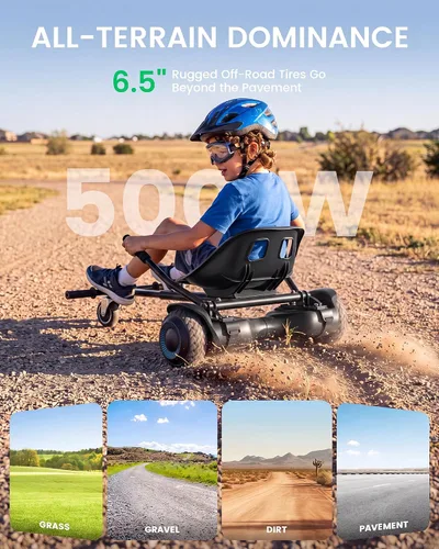 Vista 5 de Gyroor Scooter con accesorio de asiento ajustable, scooter de equilibrio automático todo terreno de 6.5 pulgadas, luces LED y Bluetooth para niños