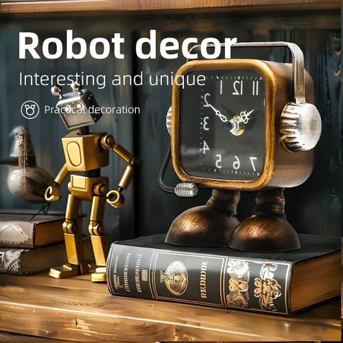 Vista 5 de YOUKI Reloj de mesa estilo steampunk retro en forma de robot, relojes de escritorio y estante de estilo industrial, relojes decorativos que