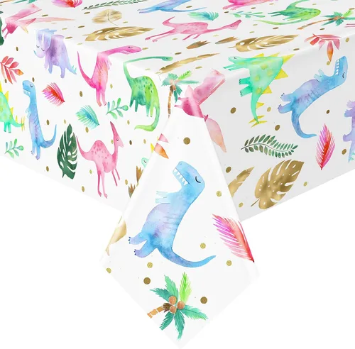 Vista 7 de Mantel para fiesta de cumpleaños de dinosaurios para niñas, funda desechable de plástico de dinosaurio rosa, suministros para fiesta de dinosaurios