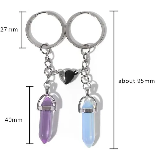 Vista 7 de Juego de 2 llaveros de piedra natural, colgante de cristal hexagonal de ojo de tigre para mujeres y hombres, decoración de automóvil