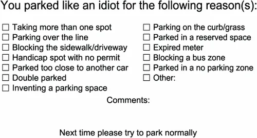 Vista 2 de Tarjetas con texto "You Parked Like an Idiot", tarjetas de mal estacionamiento